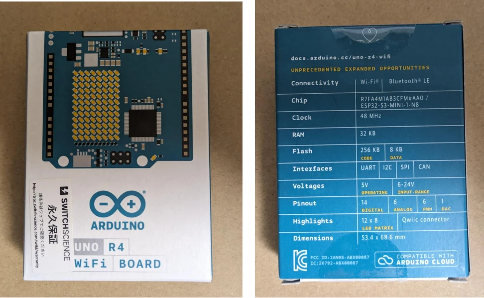 Aruino Uno R4 WIFI梱包箱の表と裏面