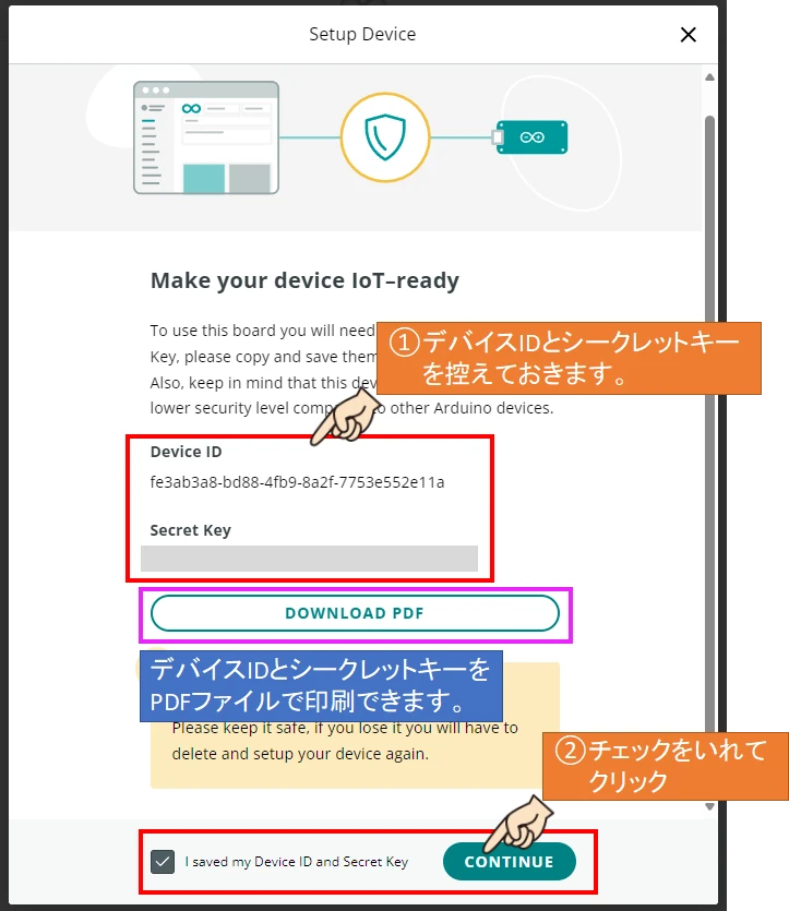 デバイスIDとシークレットキーが表示されるので、控えます。
その後チェックを入れて｢CONTINUE｣をクリックします。