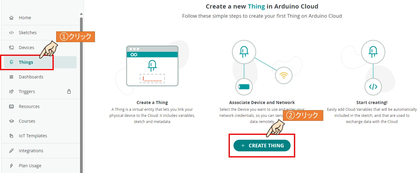 メニューのThingsを選択し、｢＋CREATE THING｣をクリックします。