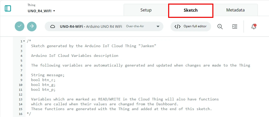 sketchタブをクリックすると、自動でプログラムが作られています。