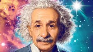 A painting of albert einstein with a space background.