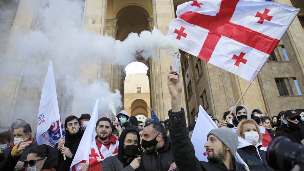 Photo: TBILISI, GEORGIA - FEBRUARY 23, 2021: People take part in a rally in support of Nika Melia, a member of the Georgian Parliament, outside the offices of the Georgian Parliament. Melia was arrested by officers of the Georgian Interior Ministry upon the ruling of the Tbilisi City Court. On February 17, the court ruled to put Melia back in custody for failing to pay a 40,000 Georgian lari [more than $12,000] bail in his case over civil disturbances during the June 2019. Credit: David Mdzinarishvili/TASS via Reuters Connect