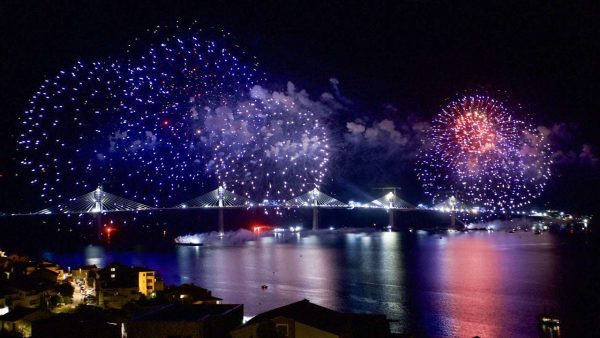 Photo: Fireworks are seen during a ceremony after connecting the last segment of the Peljesac bridge construction in Komarna, Croatia July 28, 2021. Picture taken July 28, 2021. Credit: Ivo Cagalj/PIXSELL via REUTERS.