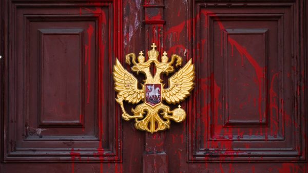 Photo: The door of the Consulate General of Russia was covered with red paint imitating blood as a sign of protest against Russian aggression against Ukraine. Krakow, Poland on March 30, 2022. Credit: Beata Zawrzel/NurPhoto