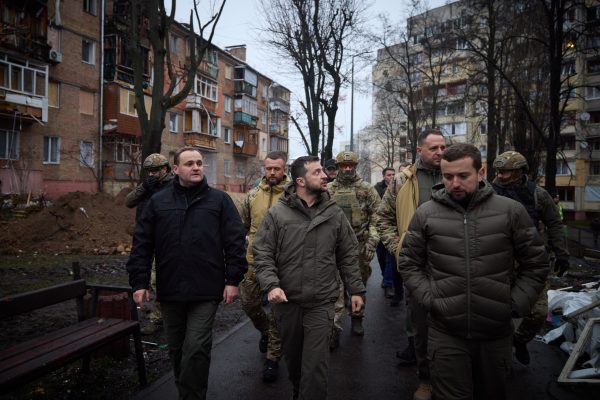 Photo: Ukraine's President Volodymyr Zelenskyy, center, inspecting a residential building in Vyshgorod damaged in a Russian missile attack, outside of Kyiv, amid the Russian invasion of Ukraine, November 25, 2022. Credit: President of Ukraine's Office.