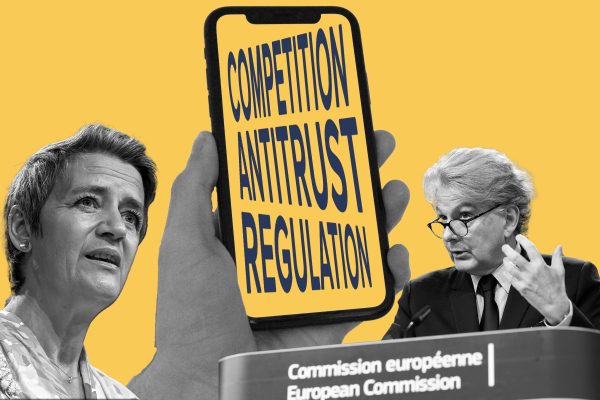 Illustration: Michael Newton/CEPA. Images: Left: Margrethe Vestager, June 9, 2021. Credit: John Thys/Pool via REUTERS; Center: Mobile Phone. Credit: Vojtech Bruzek/Unsplash. Right: Thierry Breton, February 23, 2023. Credit: Bogdan Hoyaux/European Commission.