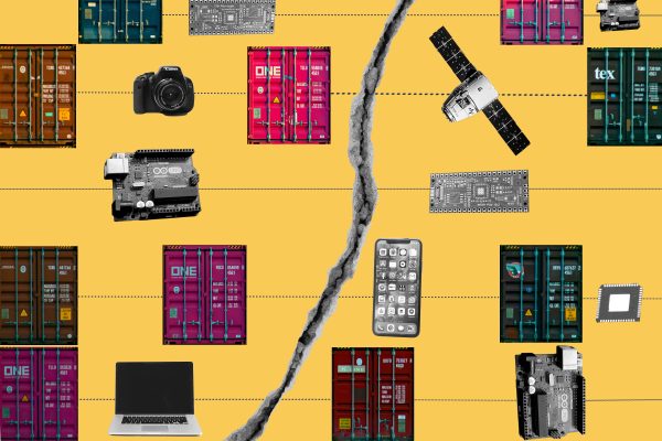 Illustrations: Export shipping containers and commercial electronics with dual use semiconductor microchips. Credit: Michael Newton/Center for European Policy Analysis