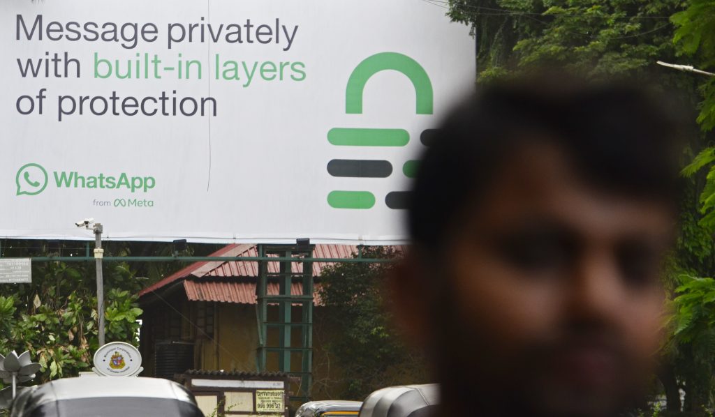 Photo: Whatsapp Billboard is seen in Mumbai, India, 24 August, 2022. Whatsapp introduces end- to-end encryption of messages, photos, videos, voice messages, documents, status updates and calls are secured from falling into the wrong hands according to their official whatsapp website. Credit: Indranil Aditya/NurPhoto