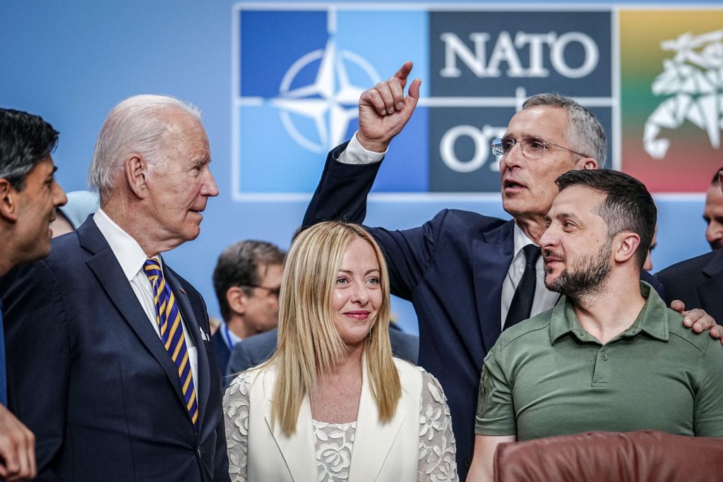 Photo: Vilnius, Lithuania. 12th July, 2023. Rishi Sunak (l-r), Prime Minister of the United Kingdom, Joe Biden, President of the United States, Giorgia Meloni, Prime Minister of Italy, and Jens Stoltenberg, NATO Secretary General, welcome Volodymyr Zelenskyy, President of Ukraine, at the NATO-Ukraine meeting during the NATO summit. Credit: Kay Nietfeld/dpa/Alamy Live News.