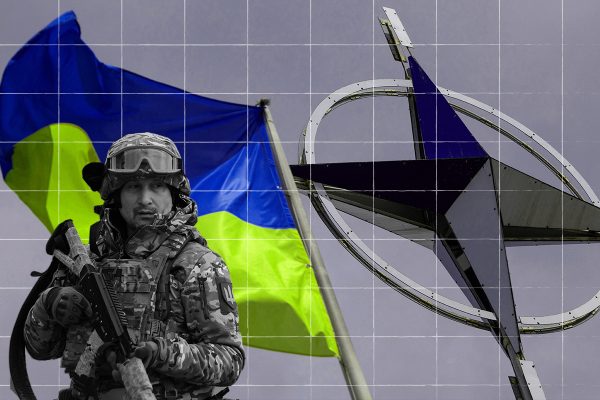 Illustration: Michael Newton/Center for European Policy Analysis. Images: (Background) Photo: A Ukrainian national flag rises in front of the NATO emblem, amid Russia's attack on Ukraine, in central Kyiv, Ukraine July 11, 2023. Credit: REUTERS/Valentyn Ogirenko. (Soldier) Photo: Ukrainian civilian volunteers and reservists of the Kyiv Territorial Defense unit conduct weekly combat training in an abandoned asphalt factory on the outskirts of Kyiv, as Russian forces continue to mobilize en masse on the Ukrainian border. Kyiv, Ukraine, February 19, 2022. Credit: Justin Yau/Sipa USA.