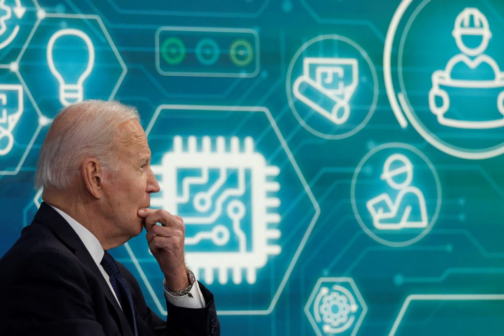 Photo: US President Joe Biden and US Secretary of Commerce Gina Raimondo (not pictured) hold a virtual meeting with business leaders and state governors to discuss supply chain problems, in the White House, Washington, DC, USA, March 9, 2022. Credit: Jonathan Ernst / Reuters