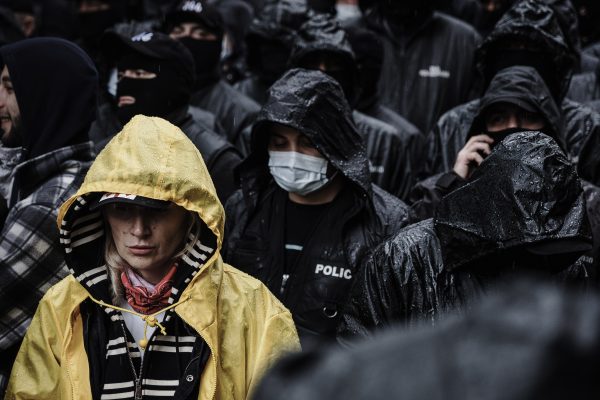 Photo: Georgia Tbilisi, 12 May 2024. Policemen guard the back of the building during a demonstration at the Tbilisi Parliament the night before the vote on a law on foreign influence Credit: Maxime Gruss / Hans Lucas.