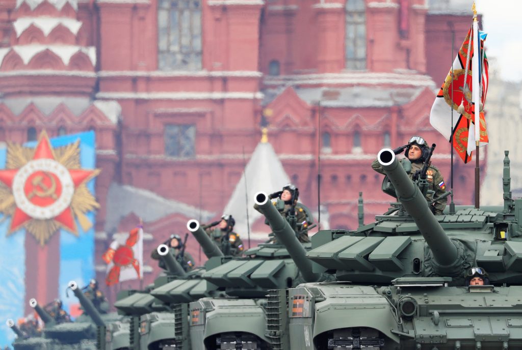 Photo: Russian T-72 B3 main battle tanks drive during a rehearsal for the Victory Day parade, which marks the anniversary of the victory over Nazi Germany in World War Two, in Red Square in central Moscow, Russia May 7, 2021. Credit: REUTERS/Evgenia Novozhenina