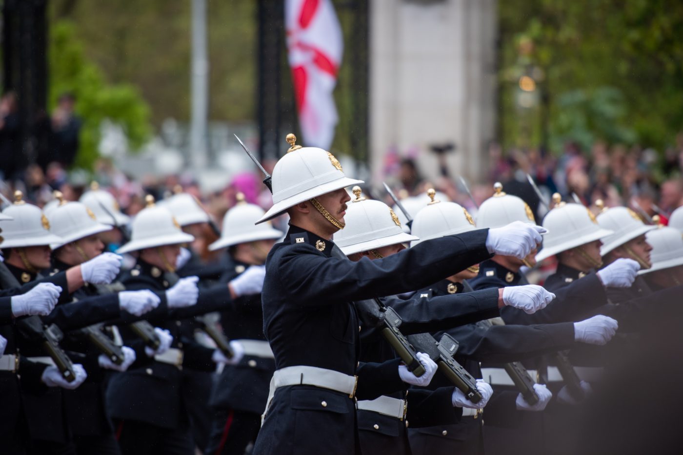 Photo: UK soldiers march in the military procession marches towards Buckingham Palace during the Coronation of King Charles III and Queen Camilla in London. The Coronation of Charles III and his wife, Camilla, as King and Queen of the United Kingdom of Great Britain and Northern Ireland, and the other Commonwealth realms takes place at Westminster Abbey. Charles acceded to the throne on 8 September 2022, upon the death of his mother, Elizabeth II. Credit: Loredana Sangiuliano / SOPA Images/Sipa USA via Reuters