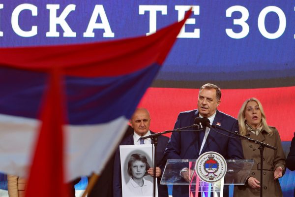 Photo: President of Republika Srpska (Serb Republic) Milorad Dodik speaks as Bosnian Serbs protest against the resolution on the genocide in Srebrenica which is to be adopted by the United Nations General Assembly in early May, in Banja Luka, Bosnia and Herzegovina, April 18, 2024. Credit: REUTERS/Amel Emric