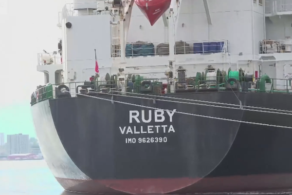 Photo: The Stern of the MV Ruby, registered in Malta. The ship is carrying a 20,000 tons of highly explosive ammonia nitrate. Source: Times of Malta.