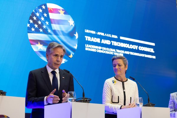 Photo: Secretary Antony J. Blinken, with European Commission Executive Vice-President Margrethe Vestager, participates in a media conference during the EU-US Trade and Technology Council at the Faculty Club in Leuven, Belgium, Friday, April 5, 2024. Credit: Official State Department photo by Chuck Kennedy