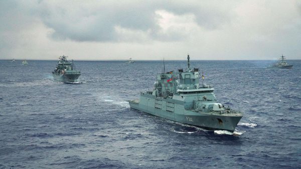 Photo: Germany navy frigate “Baden-Württemberg” (right) and the task force supply ship “Frankfurt am Main” (left) during transit to the pacific for exercises in Hawaii, visits to Korea and Japan, with transit through the Taiwan Strait. Credit: German Armed Forces/Nico Theska