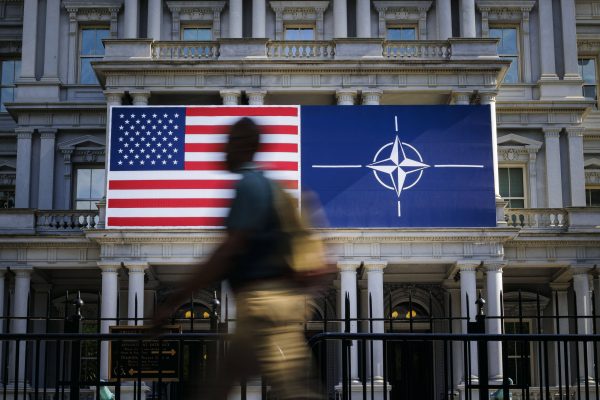 Photo: The flags of the USA and NATO hang from a building in Washington on the sidelines of the NATO summit in Washington 09 07 2024. Credit: Thomas Trutschel/IMAGO via Reuters Connect