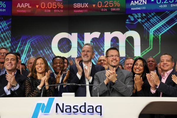 Photo: Arm CEO Rene Haas and executives cheer, as Softbank's Arm, chip design firm, holds an initial public offering (IPO) at Nasdaq Market site in New York, U.S., September 14, 2023. Credit: REUTERS/Brendan McDermid