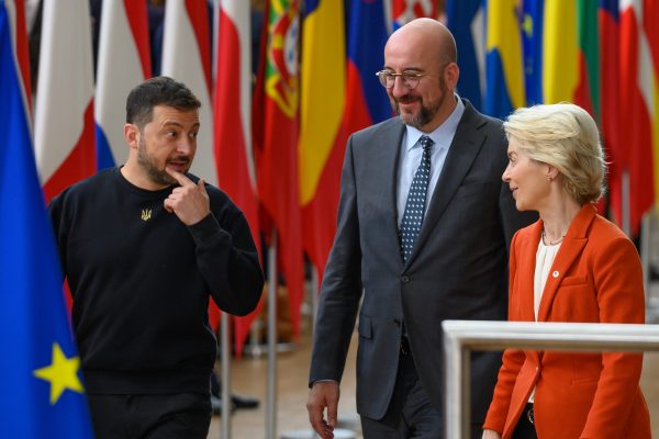 Photo: Ukraine's president Volodymyr Zelensky (L), European Council President Charles (C), and European Commission President Ursula von der Leyen (R) stand prior to the family photo. EU leaders discuss economy and competitiveness issues, Ukraine victory plan, the Middle East, and Lebanon in Brussels, Belgium, on October 17, 2024. Credit: Jonathan Raa/NurPhoto via Reuters