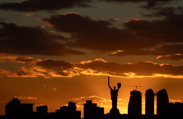 Photo: The Motherland Monument stands out against the sky at sunset in autumn in Kyiv, Ukraine, on November 2, 2024. Credit: Ukrinform/NurPhoto