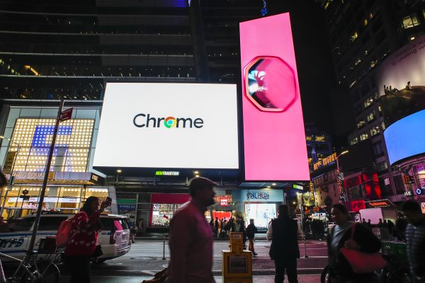 Photo: Advertising for the Google Chrome web browser is seen in Times Square in New York on Wednesday, November 20, 2024 The U.S. Department of Justice has asked a federal judge to force Alphabets Google to sell its Chrome web browser because of its accused search engine monopoly. Credit: Photo by Richard B. Levine via Reuters.