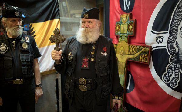 Photo: Leonid Simonovich-Nikshich (R), head of the Union of Orthodox Banner-Bearers and Igor Miroshnichenko, his deputy, prepare for award ceremony at their headquarter in Moscow, Russia, July 12, 2018. Military Orthodox Mission, a group that espouses socially conservative Orthodox values, awarded some union members for their work to commemorate Tsar Nicholas II. "We are striving for the restoration of an autocratic monarchy. Like the one we had under our tsars," Simonovich-Nikshich said. "It is only possible through the church. In no way is this possible in a political secular way because that would be a dictator." Credit: REUTERS/ Ekaterina Anchevskaya