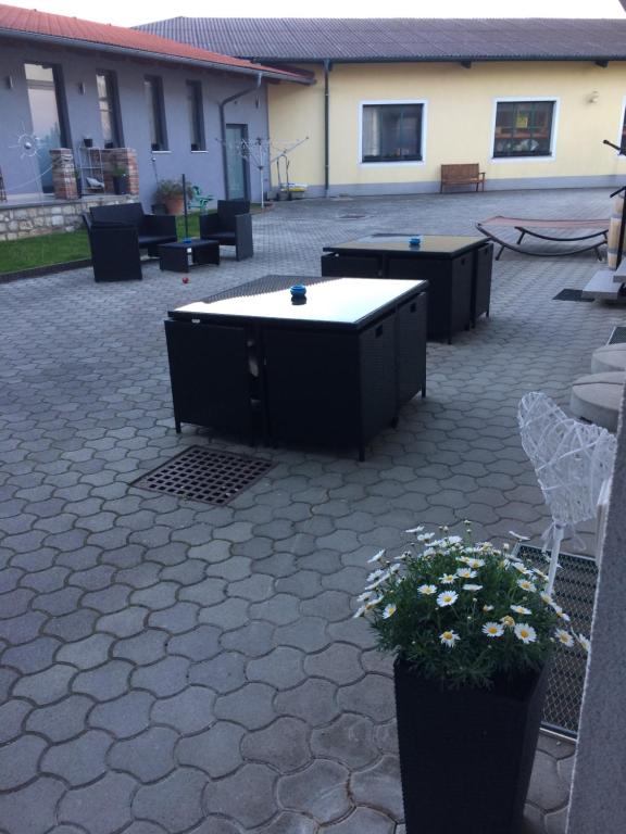 eine Terrasse mit einem Tisch und einigen Pflanzen sowie ein Gebäude in der Unterkunft Gästehaus Auer Fritzi in Jois