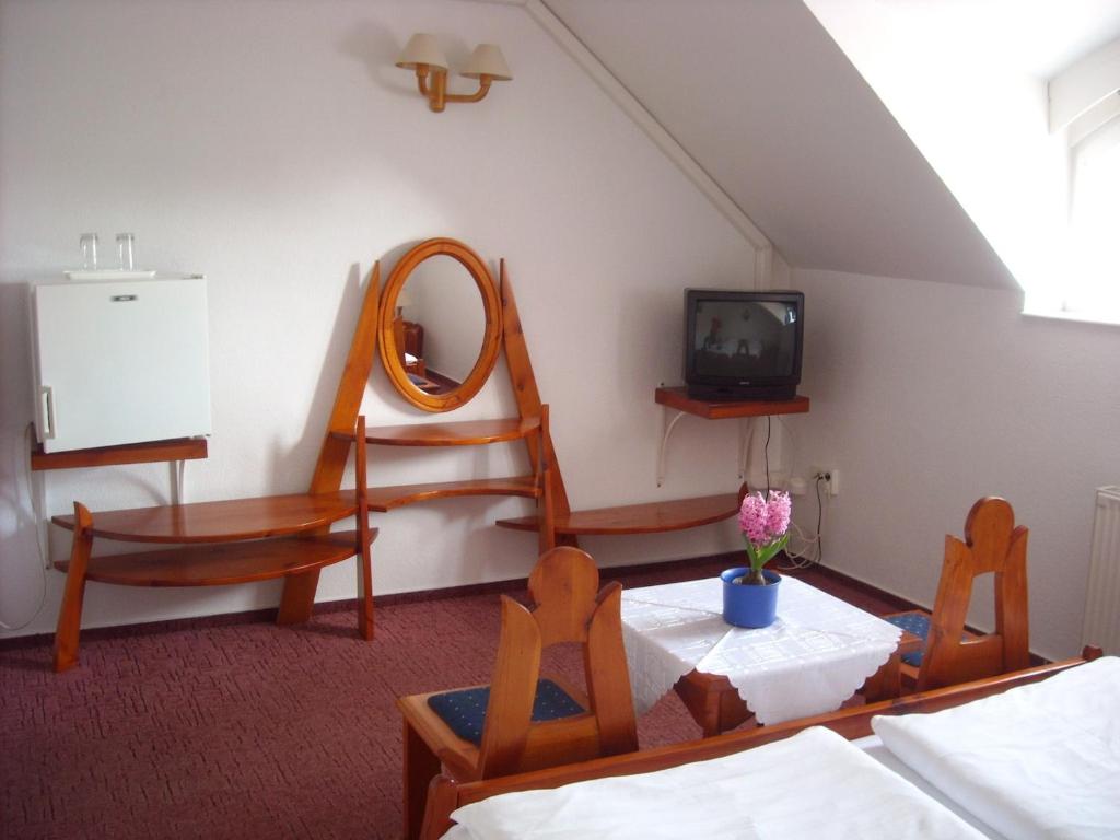 a living room with a mirror and a tv at Fodor Hotel in Gyula