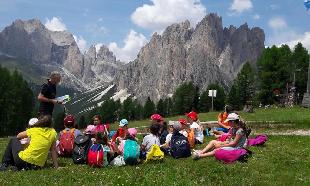 een groep kinderen op het gras voor een berg bij Family Hotel Gran Baita in Pozza di Fassa