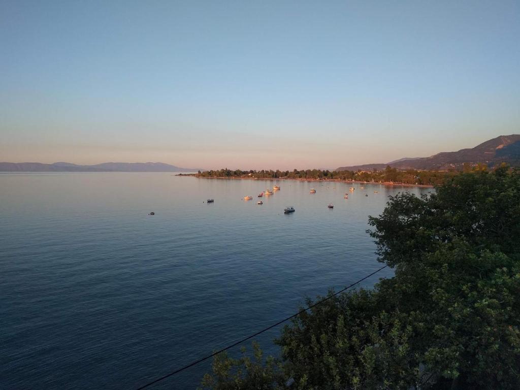 Blick auf einen See mit Booten im Wasser in der Unterkunft Dimitropoulos Apartments in Eleonas