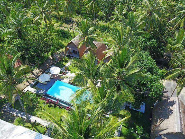 uma vista superior de um resort com uma piscina e palmeiras em Bintang Bungalow em Nusa Penida