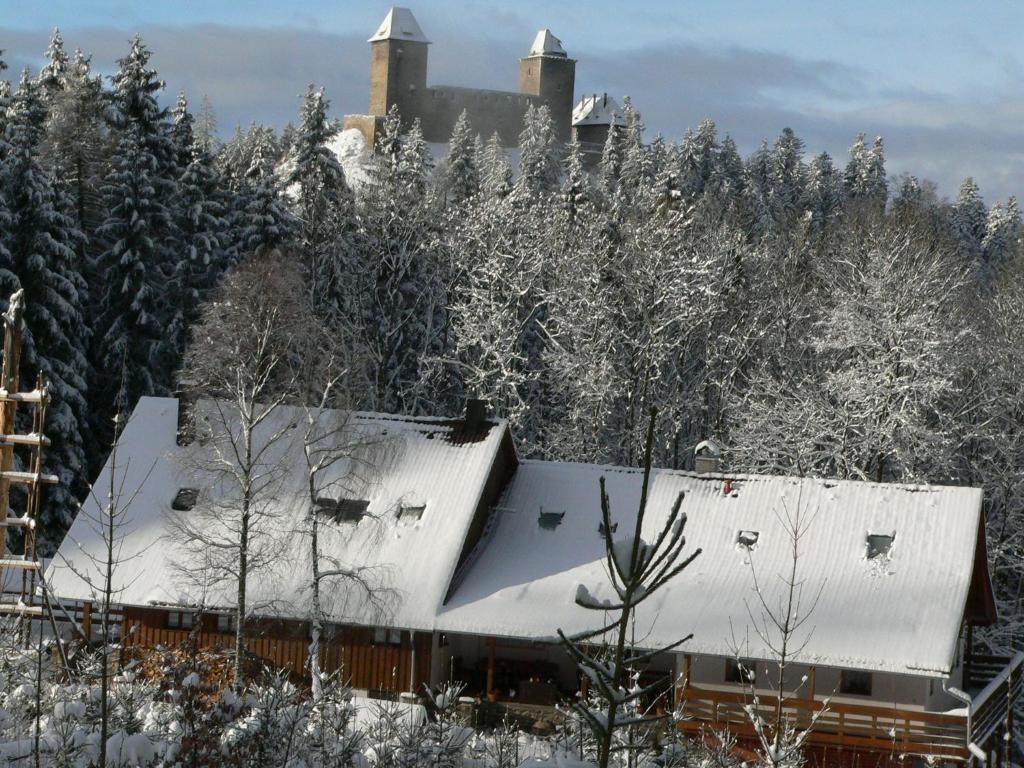 una casa ricoperta di neve con alberi sullo sfondo di Penzion Na Habeši a Kašperské Hory