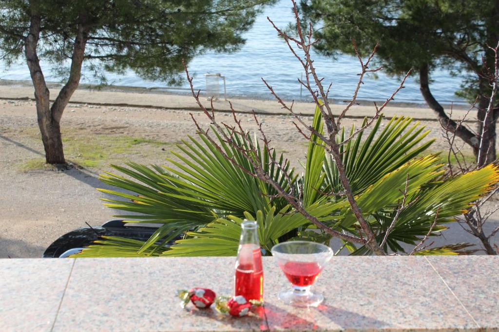 stół z lampką wina i drinkiem w obiekcie Diklo beach apartments Robert & Renata w mieście Zadar