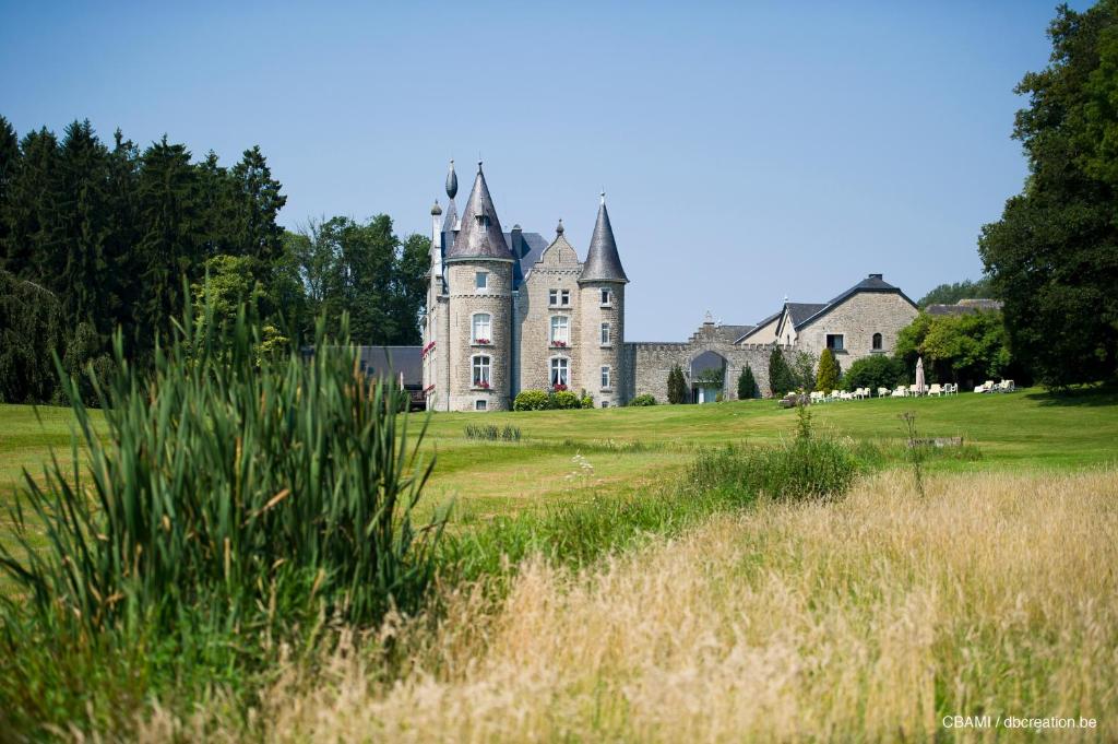 un vieux château au-dessus d'un champ herbeux dans l'établissement Chateau d'Hassonville, à Aye