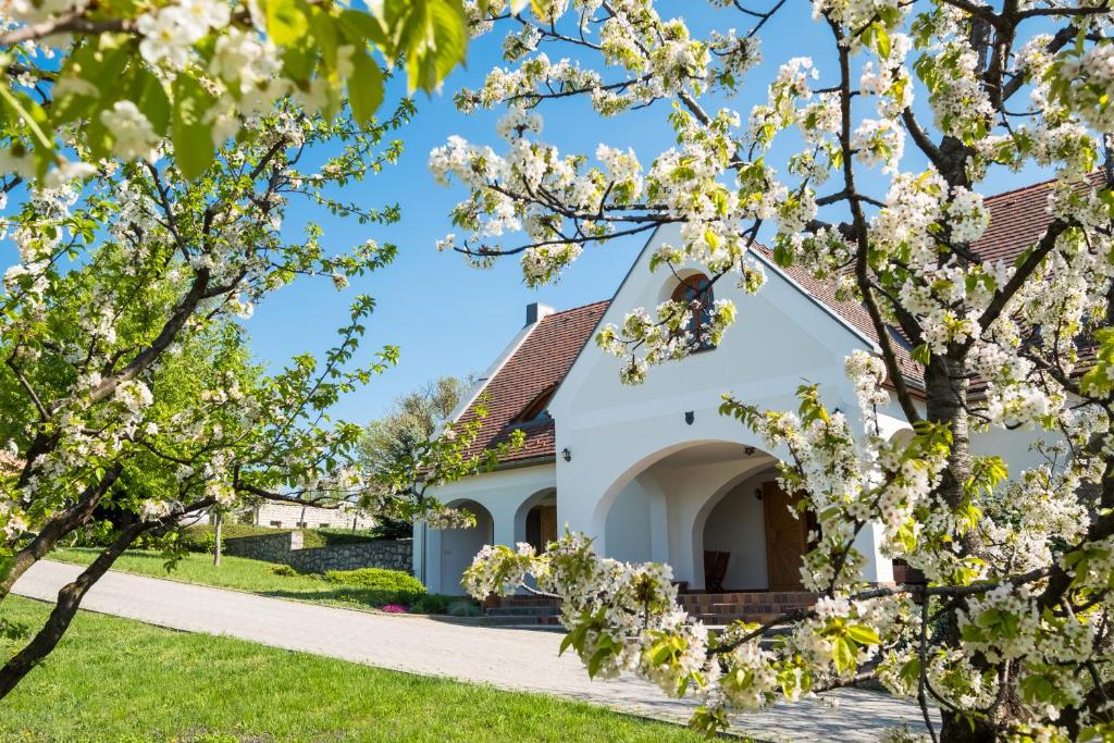 um edifício branco com árvores em primeiro plano em Figula Vendégház em Balatonfüred