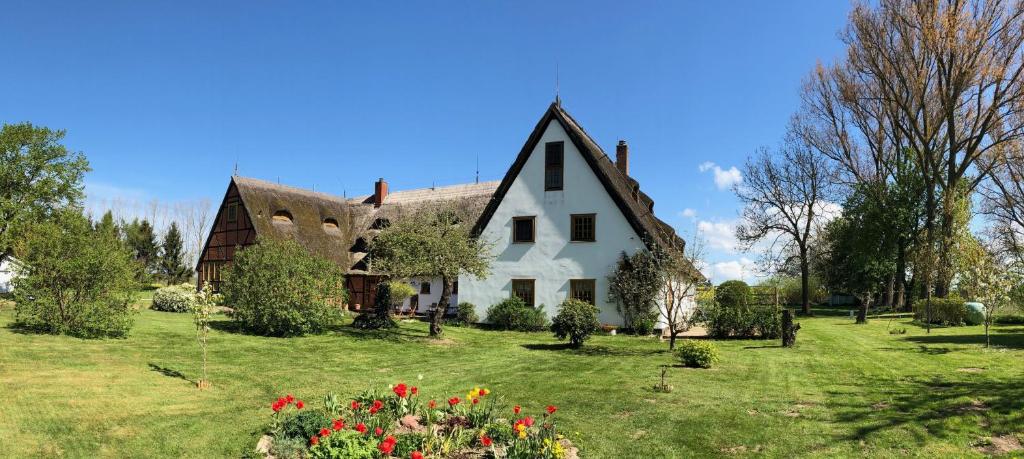 a white house with a green yard with flowers at Die Insel auf Rügen in Rambin