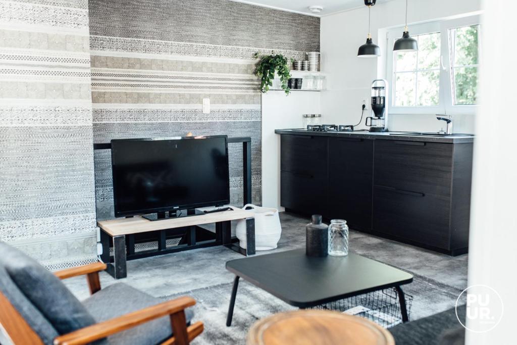 uma sala de estar com uma televisão e uma mesa em Nummer 100 - 1 em Leeuwarden