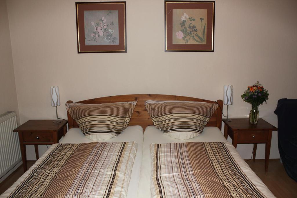 a bedroom with a bed with two tables and two pillows at Ferienwohnungen Goldbach 1. Stock in Regensburg