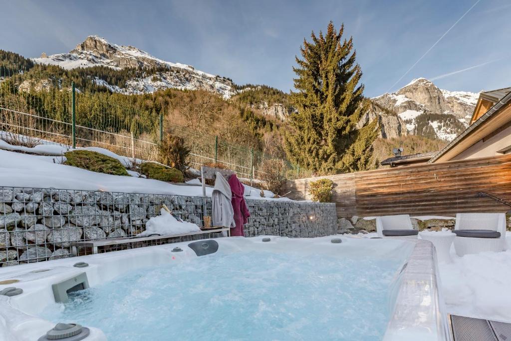 una bañera de hidromasaje en la nieve con montañas en el fondo en Les Edelweiss Mont-Blanc - Gîte Classé 3 Etoiles, en Passy