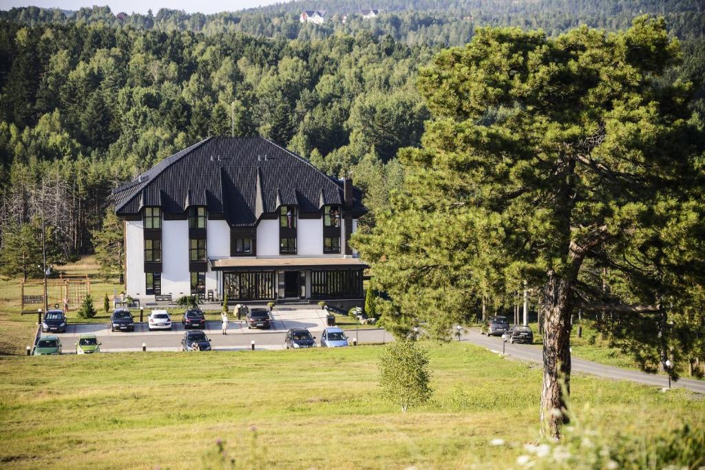 un grand bâtiment noir et blanc dans un champ avec un arbre dans l'établissement Heba, à Divčibare