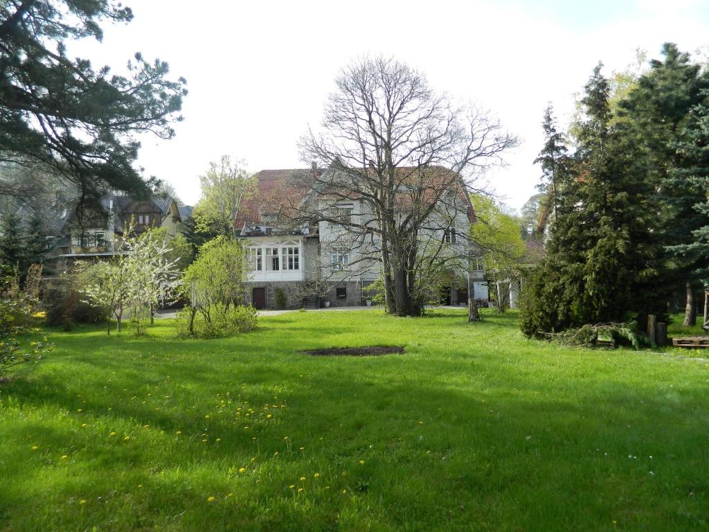 ein großer Rasenhof mit einem großen weißen Haus in der Unterkunft Pension Haus Marga in Wernigerode