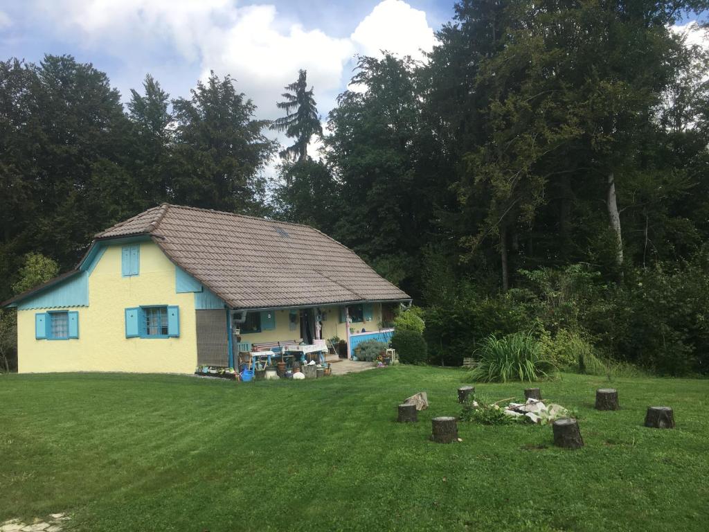 una casa in un campo con un cortile alberato di Blue Cottage a Podvrh