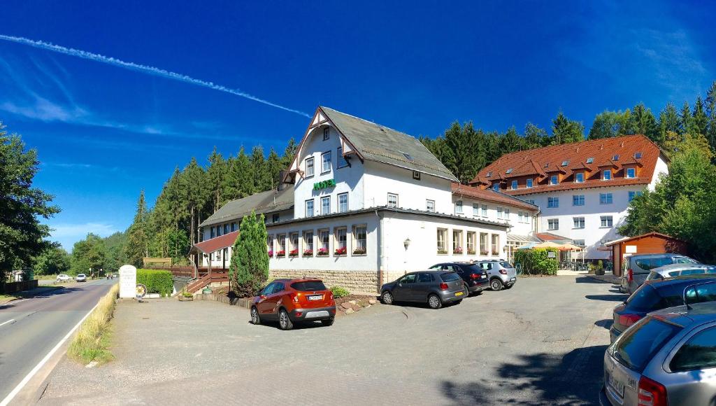 duży biały budynek z samochodami zaparkowanymi na parkingu w obiekcie Hotel Rodebachmühle w mieście Georgenthal