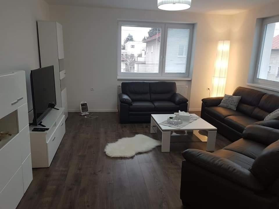 ein Wohnzimmer mit einem Sofa, einem TV und einem Tisch in der Unterkunft Apartmán Martin in Martin