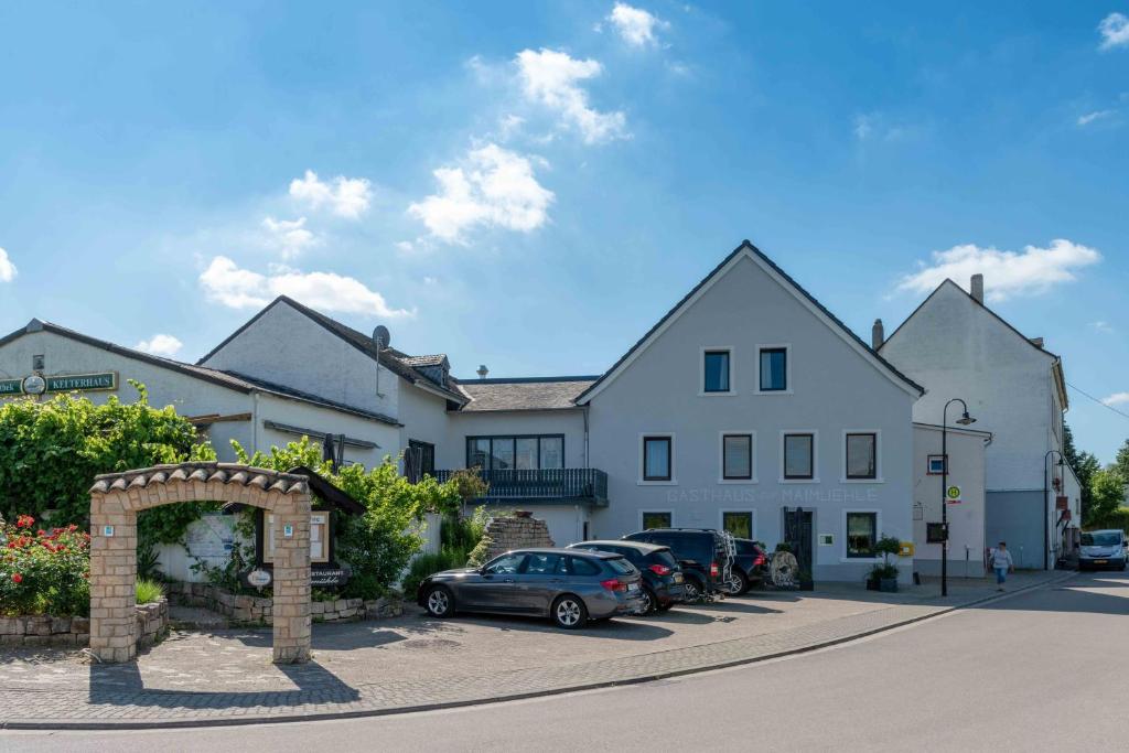 un grand bâtiment blanc avec des voitures garées dans un parking dans l'établissement Wein Erlebnis Hotel Maimühle, à Perl