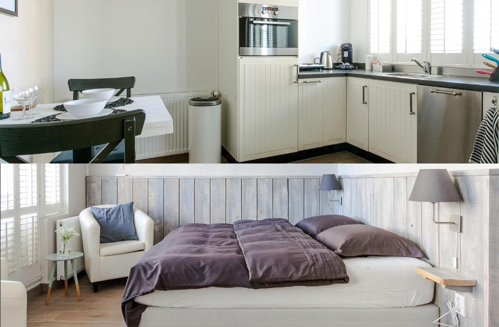 two pictures of a kitchen and a bed in a room at Zeehuis Zandvoort in Zandvoort