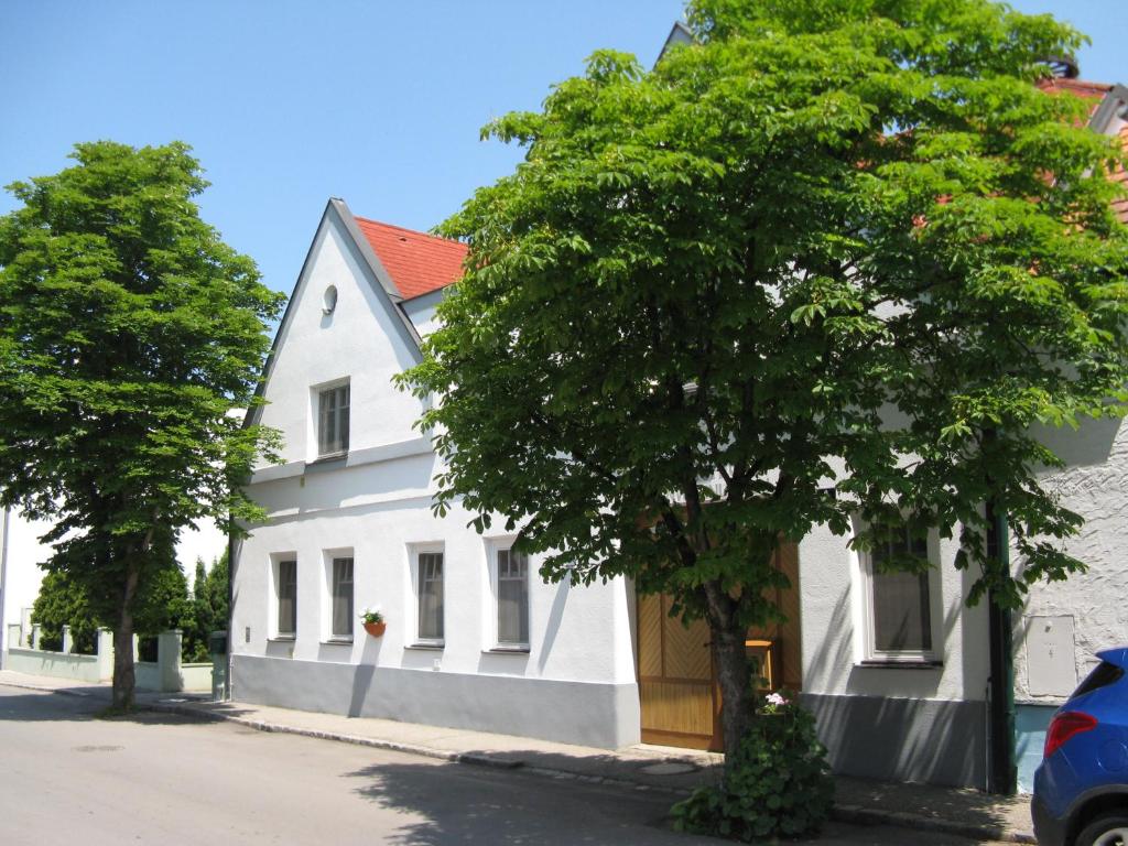 una casa bianca con un albero davanti di Stieglerhof Apartments Dr Eitner GnbR Bernd und Edeltrud a Illmitz