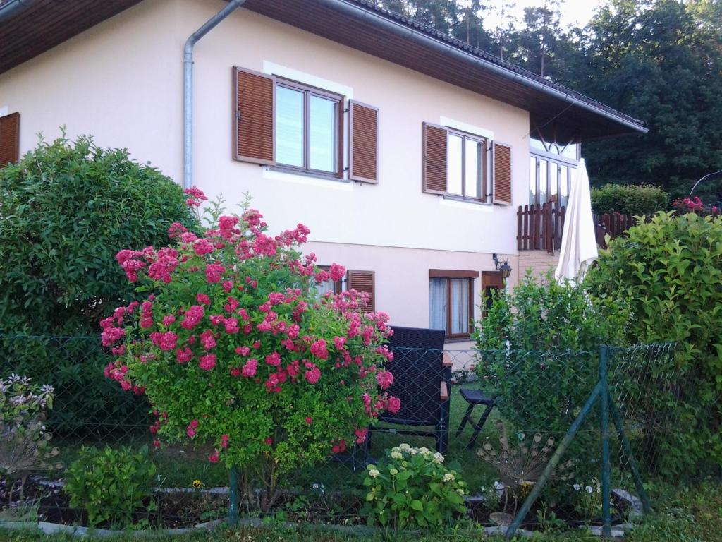 ein Haus mit rosa Blumen davor in der Unterkunft Ferienwohnung-Hajek in Sankt Ruprecht an der Raab